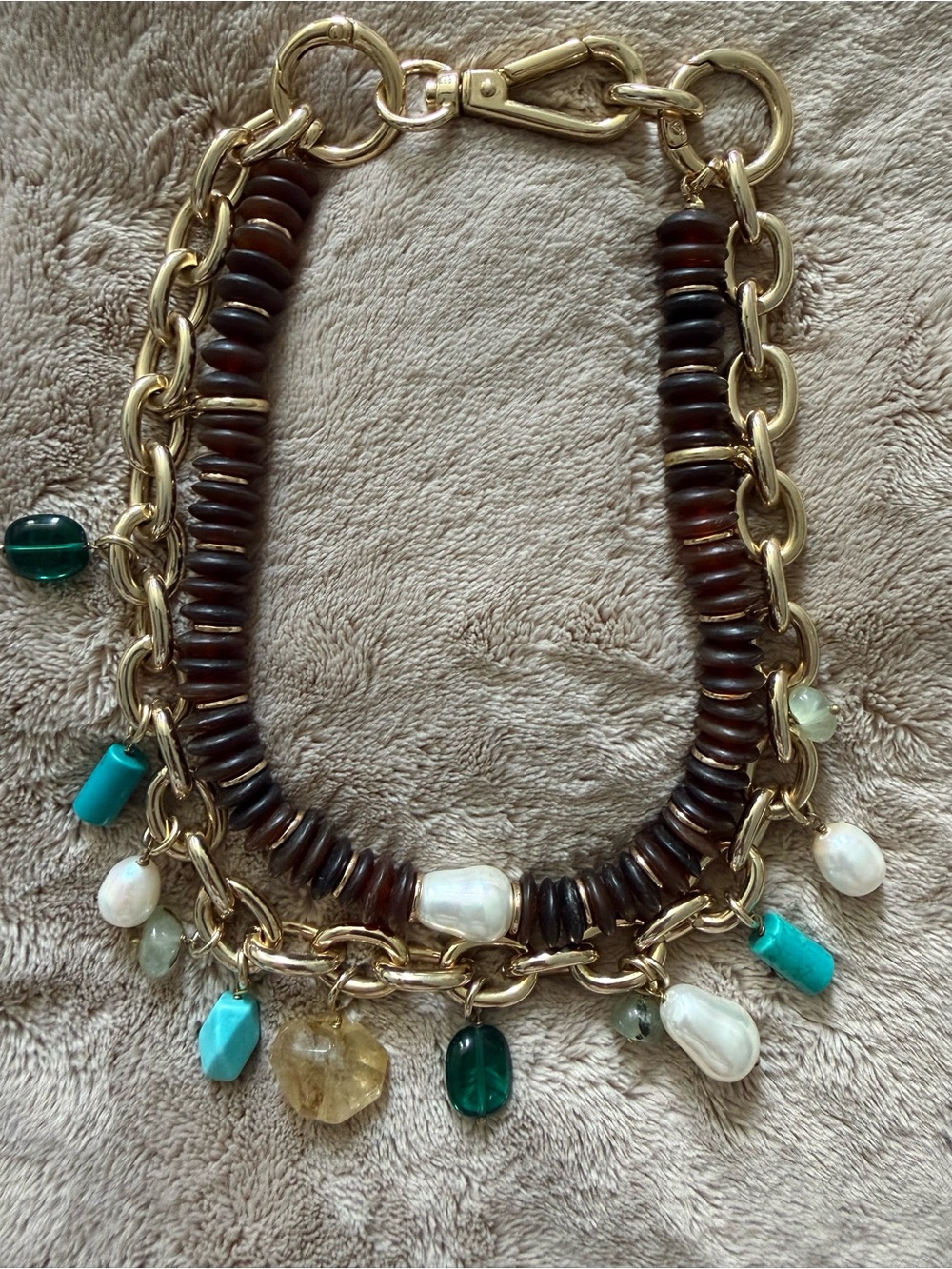 Gold Chain Charm Necklace with Brown Beads and Turquoise Accents